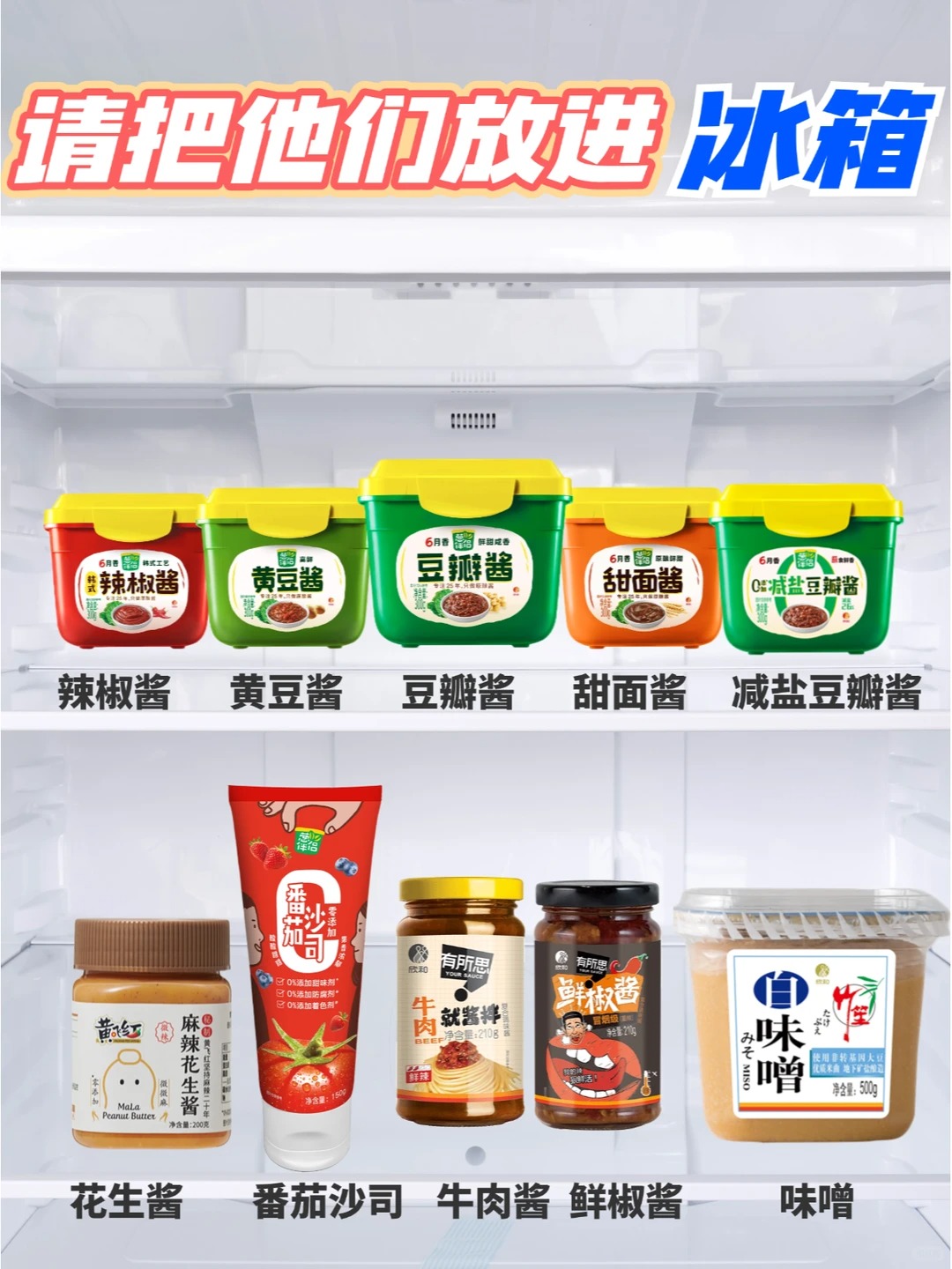 一整架冷藏空间摆放辣椒酱、豆瓣酱、黄豆酱、甜面酱、花生酱、番茄沙司、牛肉酱、味噌等酱料，整洁又方便取用