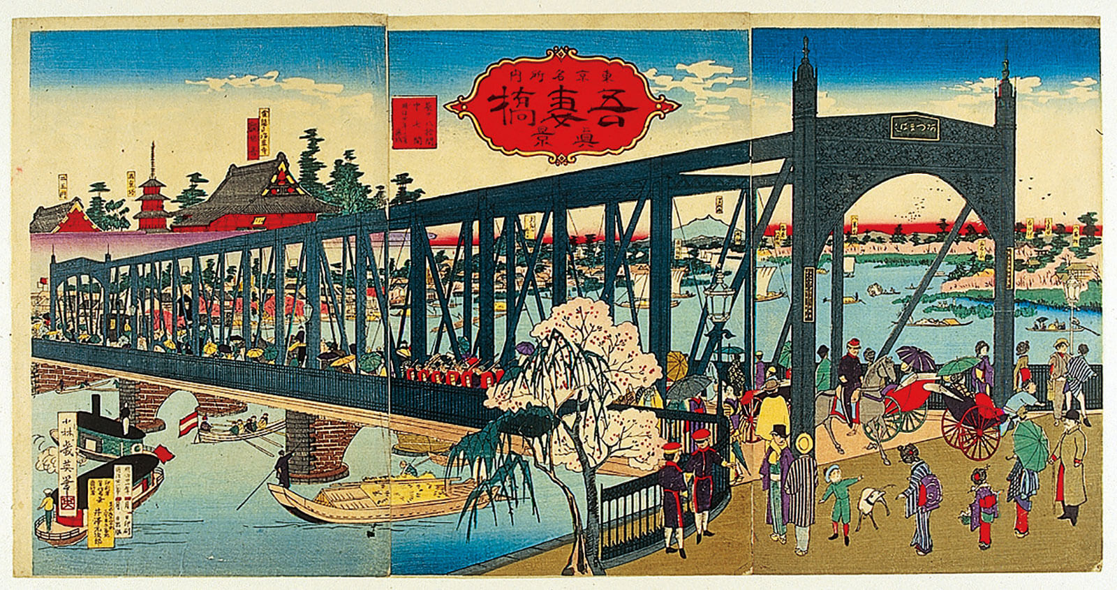 一幅浮世绘风格的桥梁市井场景，人群拥挤、船只往来，呈现热闹的城市生活氛围